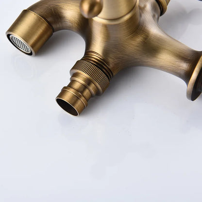 Antique brass-finished three-way total brass washing machine faucet with textured vintage spout and threaded connections