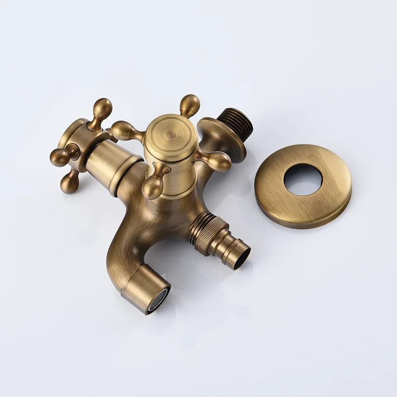 Antique brass-finished three-way total brass washing machine faucet with ornate cross handles and circular flange