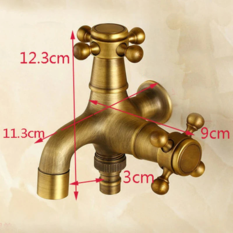 Antique brass-colored total brass washing machine faucet with cross handles and threaded spout for outdoor use