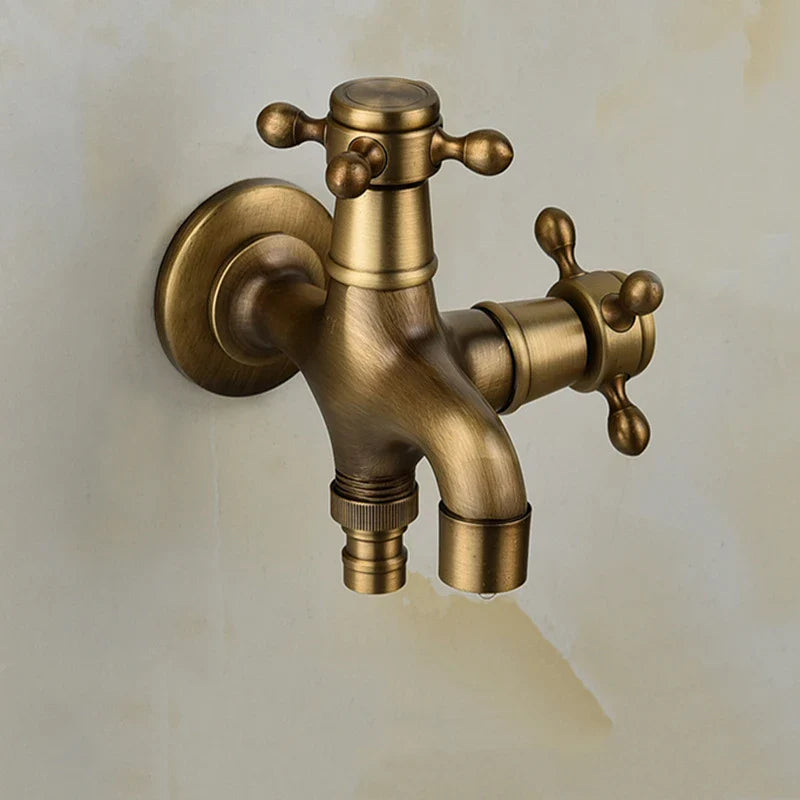 Antique brass vintage-style total brass washing machine faucet with dual handles for outdoor garden use