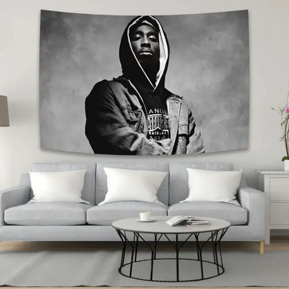 Black and white 2pac tapestry style wall hanging featuring a man in a hoodie for hip hop bedroom decor
