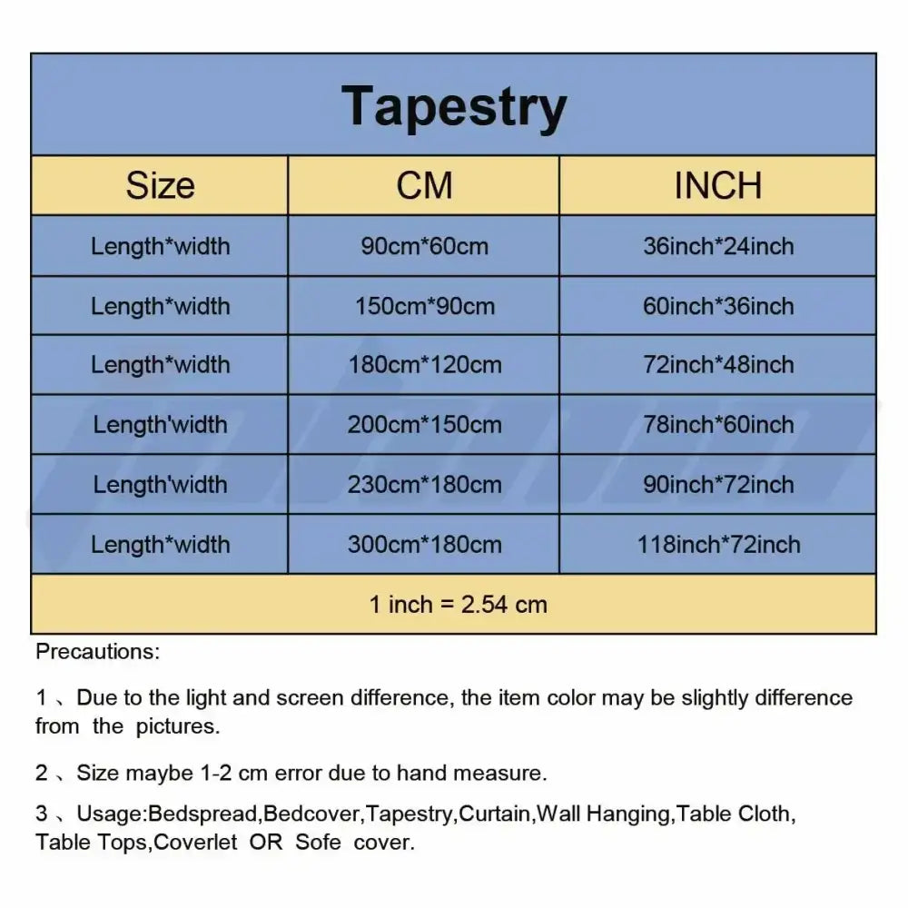 Blue tapestry flag size chart showing dimensions in cm and inches for decorbites black metal hippie bedroom art