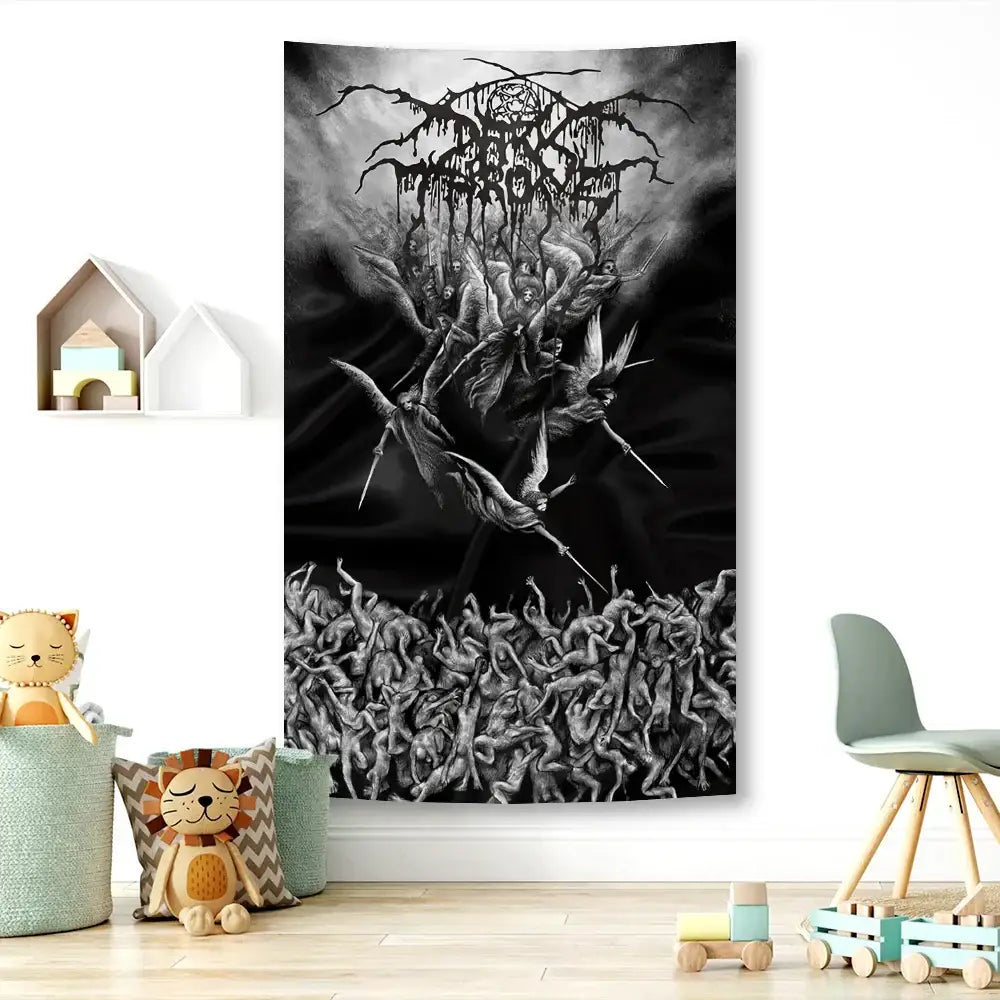 Black and white black metal hippie tapestry flag with intricate skeletal design and destruction band name for bedroom decorbites decor