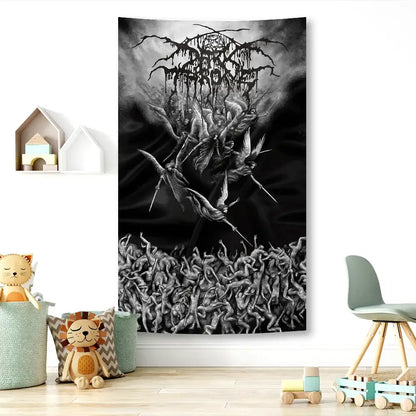Black and white black metal hippie tapestry flag with intricate skeletal design and destruction band name for bedroom decorbites decor