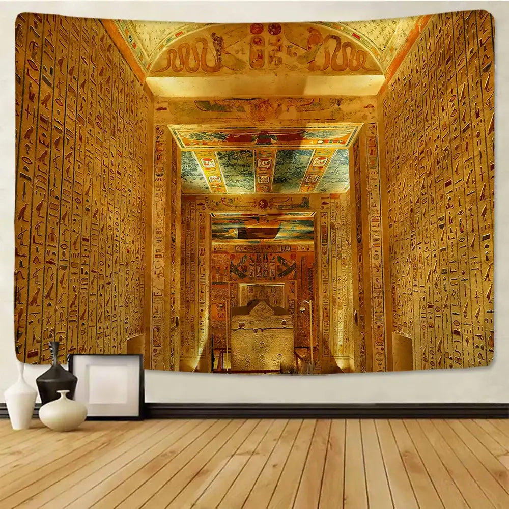 Golden egyptian pharaoh mural tapestry with hieroglyphics and ornate ceiling designs for bedroom wall hanging