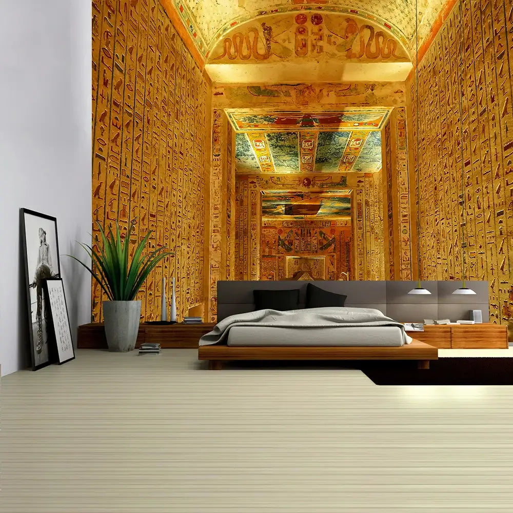Modern platform bed with sleek gray upholstered headboard and wooden frame in bedroom with egyptian pharaoh mural tapestry