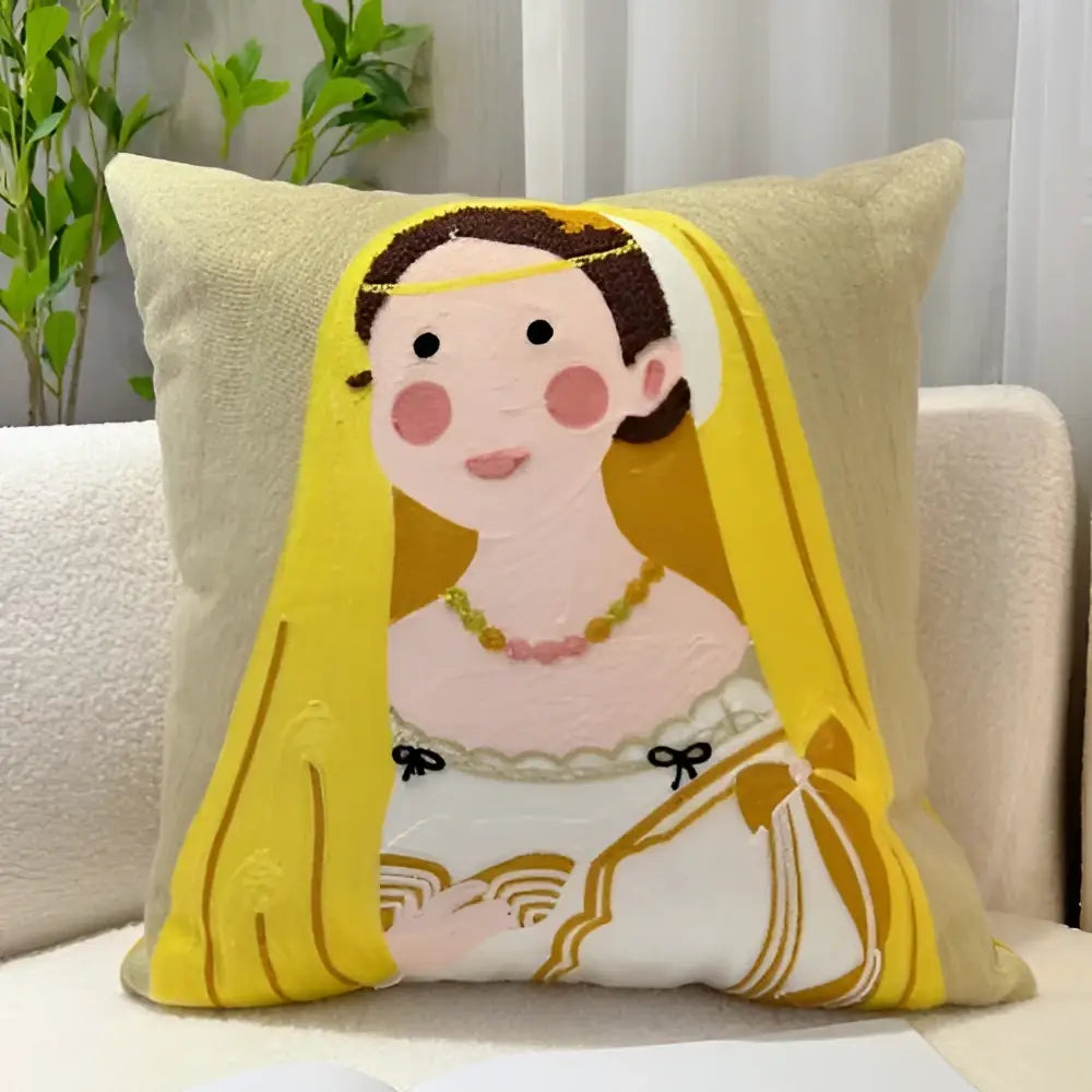 Beige needlepoint throw pillow with a cartoon oil painting embroidery of a woman in white dress for living room decorbites cartoon oil