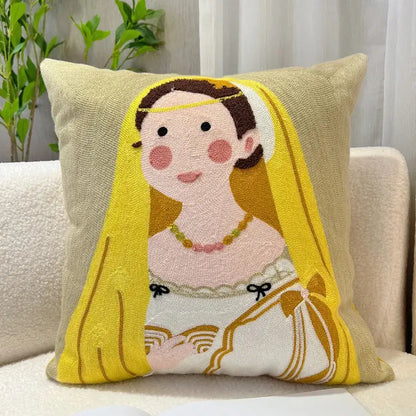 Beige throw pillow with cartoon oil painting embroidery of bride in white dress and gold trim for living room decorbites cartoon oil
