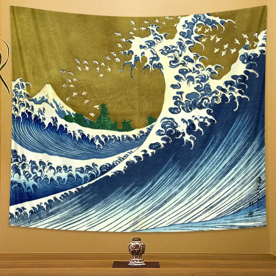 A plush olive green beach scenery tapestry depicting the great wave off kanagawa in blue and white with birds