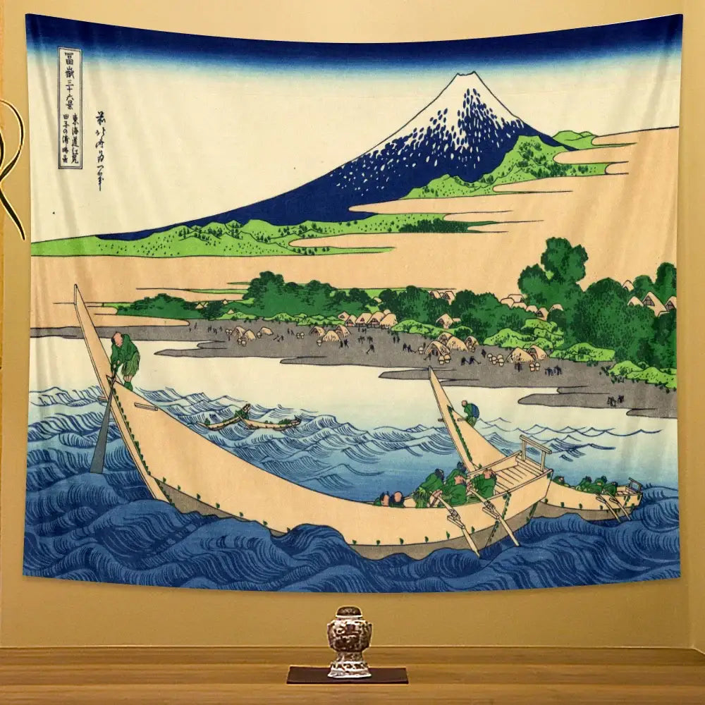Hokusai red and blue beach scenery tapestry featuring traditional Japanese woodblock print of mount Fuji and boats