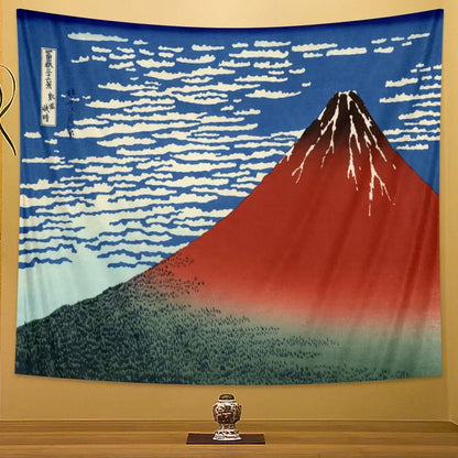 Hokusai red and blue beach scenery tapestry featuring vibrant Mount Fuji with white clouds in traditional woodblock style