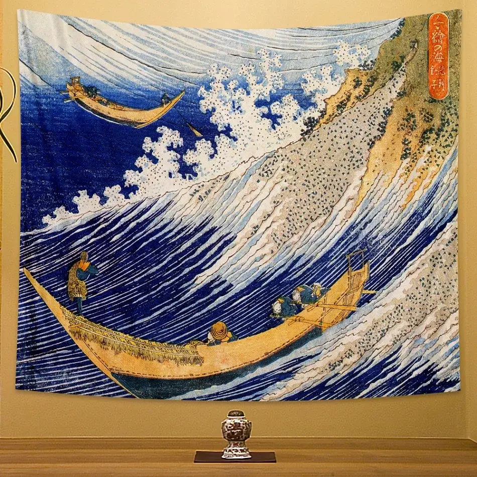 A vibrant blue and gold Hokusai red and blue beach scenery tapestry with dramatic wave and boats for bedroom wall decor