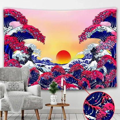 Hokusai red and blue beach scenery tapestry featuring vibrant wave patterns and a stylized sunset for bedroom wall decor