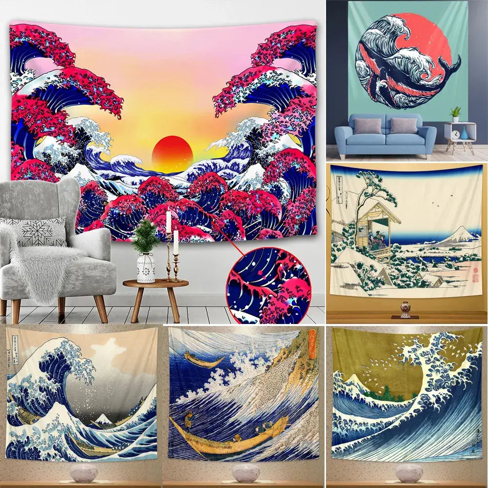 Hokusai red and blue beach scenery tapestry featuring vibrant wave patterns and stylized sunset for bedroom wall decor