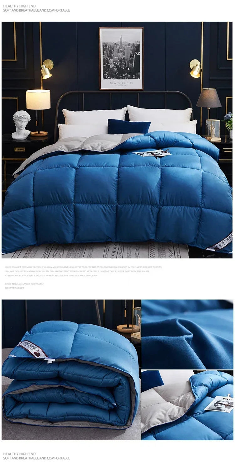 Blue quilted comforter with plush texture and gray cotton lining goose down duvet for winter home use king queen twin size