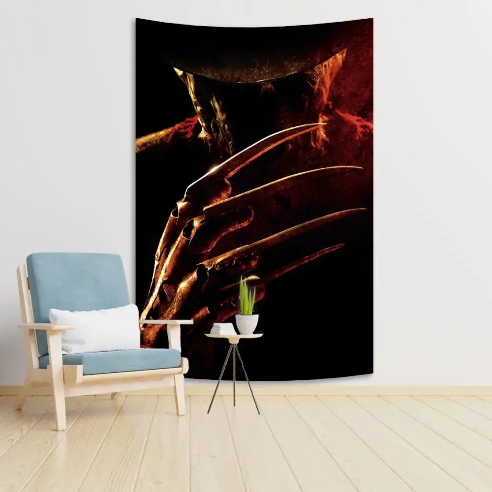 Dark red and black horror movie freddy krueger wall tapestry featuring iconic clawed hand for bedroom decor