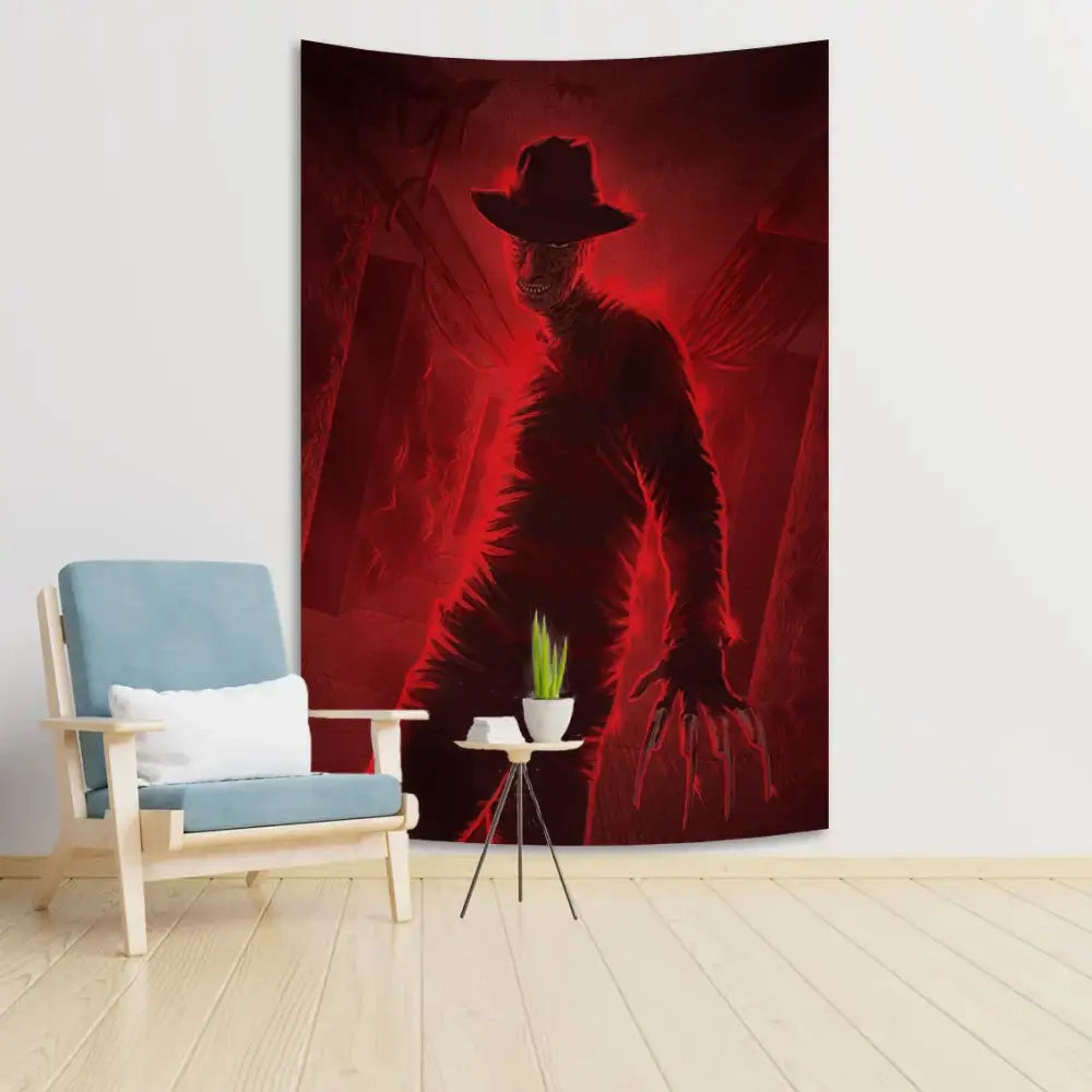 Red horror movie wall tapestry featuring freddy krueger in a hat against a dark ominous background for bedroom decor