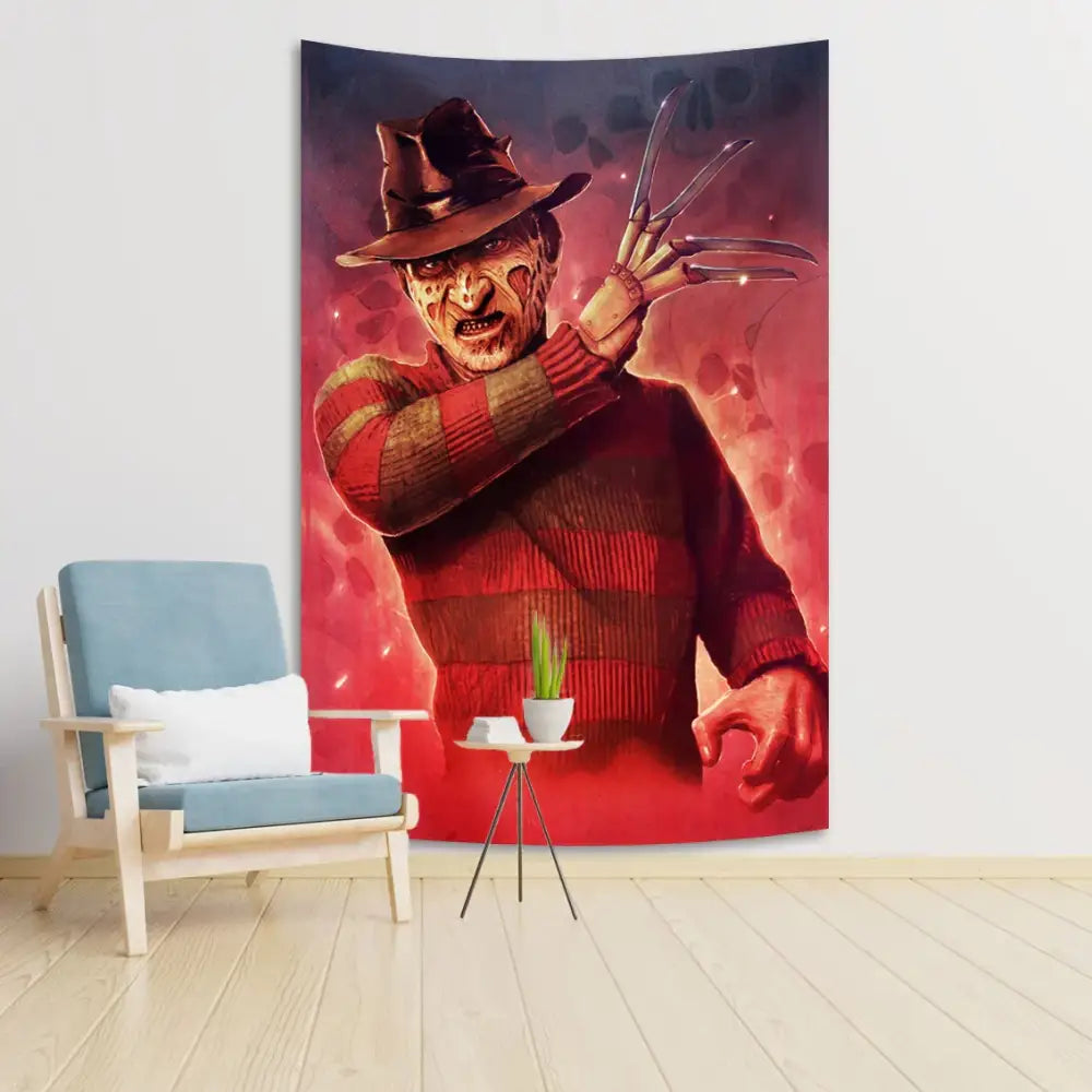 Vibrant red and black striped freddy krueger wall tapestry featuring the iconic horror movie character for bedroom decor
