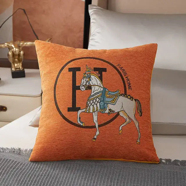 Orange pillow cover with horse embroidered jacquard white horse and ornate blue gold tack for living room decorbites decor