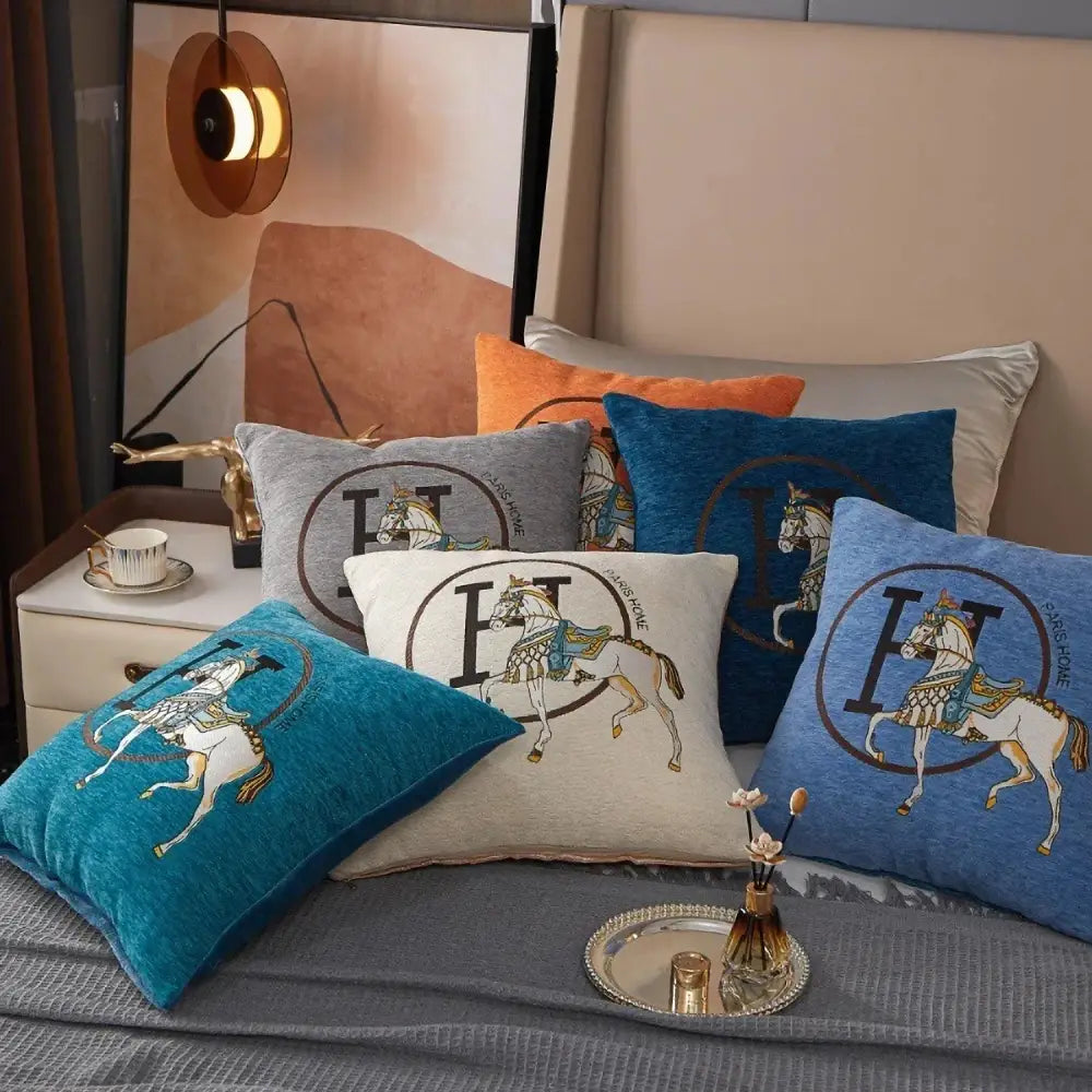 Set of decorative pillow covers with horse embroidered jacquard and h logos in blue gray and beige for living room decorbites decor