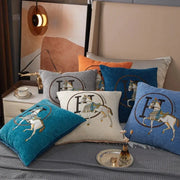 Set of decorative pillow covers with horse embroidered jacquard and h logos in blue gray and beige for living room decorbites decor