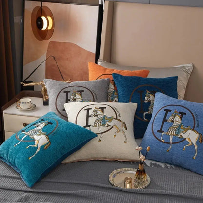 Set of decorative pillow covers with horse embroidered jacquard and h logos in blue gray and beige for living room decorbites decor
