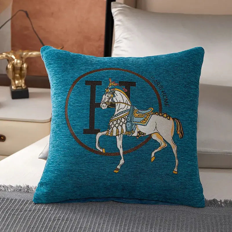 Teal pillow cover featuring horse embroidered jacquard with ornate tack and hermes emblem for living room decorbites decor