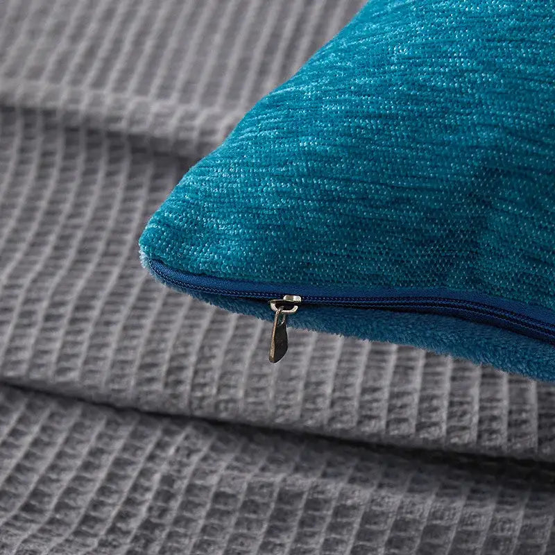 Teal textured pillow cover with blue zipper closure featuring horse embroidered jacquard for living room decorbites decor