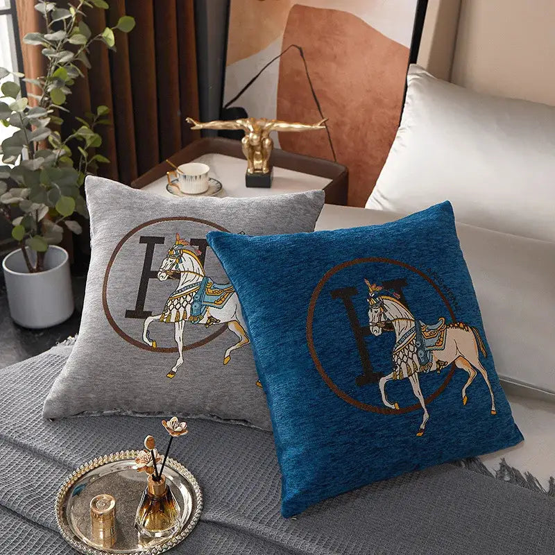 Two embroidered jacquard pillow covers in heather gray and deep blue with horse embroidered decorbites design for living room decor