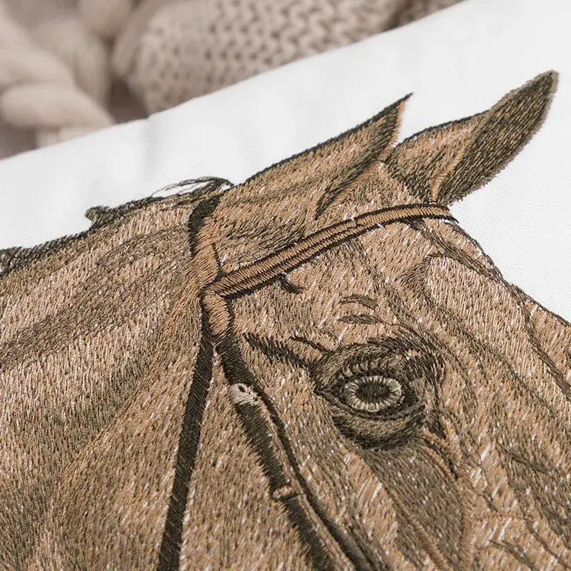 Decorbites horse head embroidery pillowcase features detailed brown and black horse head on white fabric for living room decor