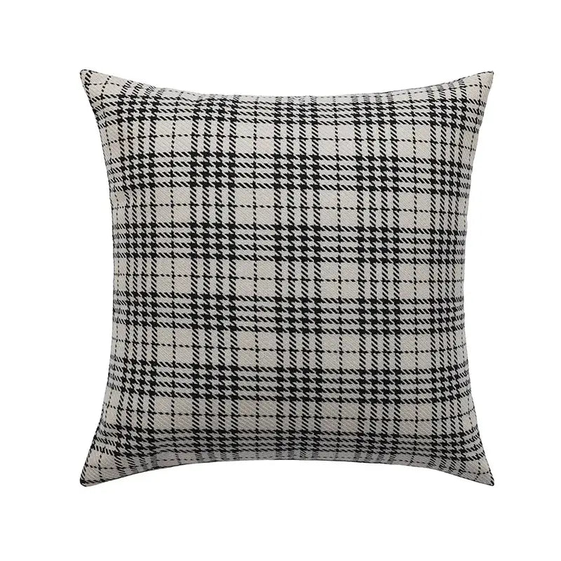 Square throw pillow with black and white plaid woven fabric featuring decorbites horse head embroidery pillowcase design