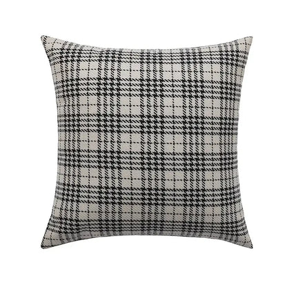 Square throw pillow with black and white plaid woven fabric featuring decorbites horse head embroidery pillowcase design
