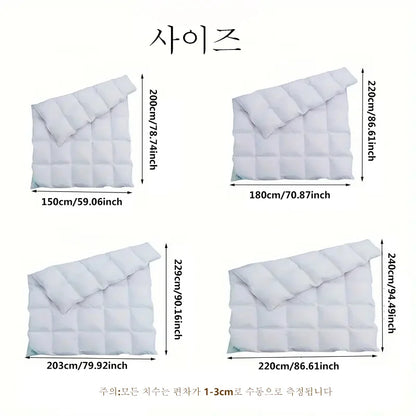 White quilted comforter with a grid pattern, lightweight, breathable, and available in four sizes for winter use
