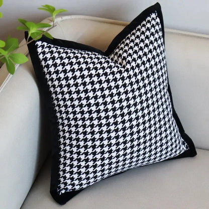 Black and white houndstooth jacquard pillowcase with solid black velvet border for living room decorbites decor