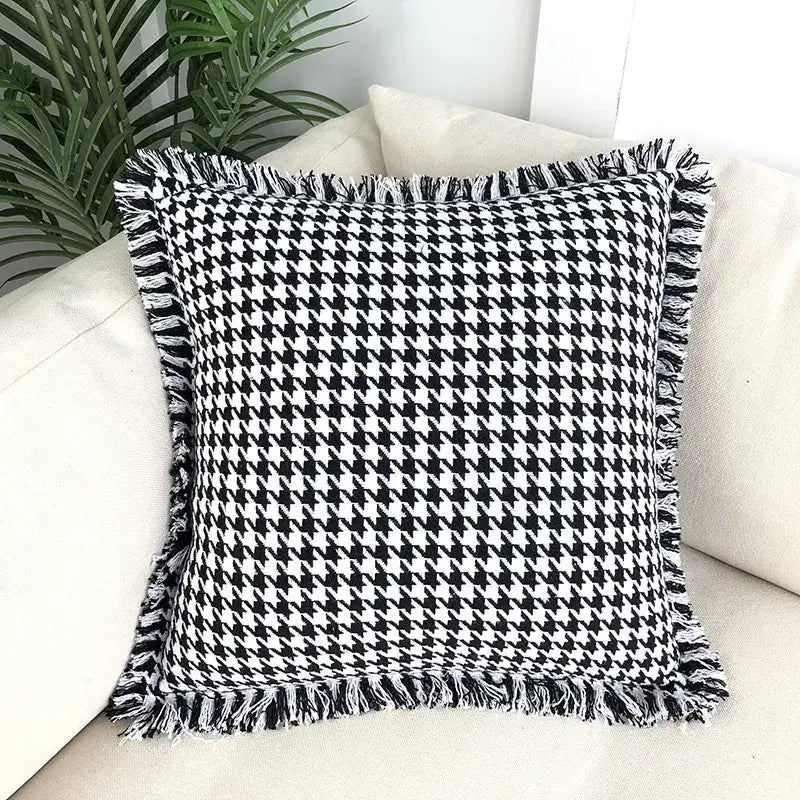 Black and white houndstooth plaid pillow cover with frayed edges for decorbites houndstooth plaid pillow decor