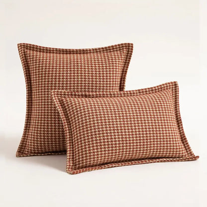 Two terracotta and cream hounds tooth square cushion cover in textured woven fabric for living room decorbites decor