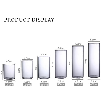 Clear cylindrical glass tumblers in varying heights with 6.5 cm diameter for hydroponics desktop planter vase use