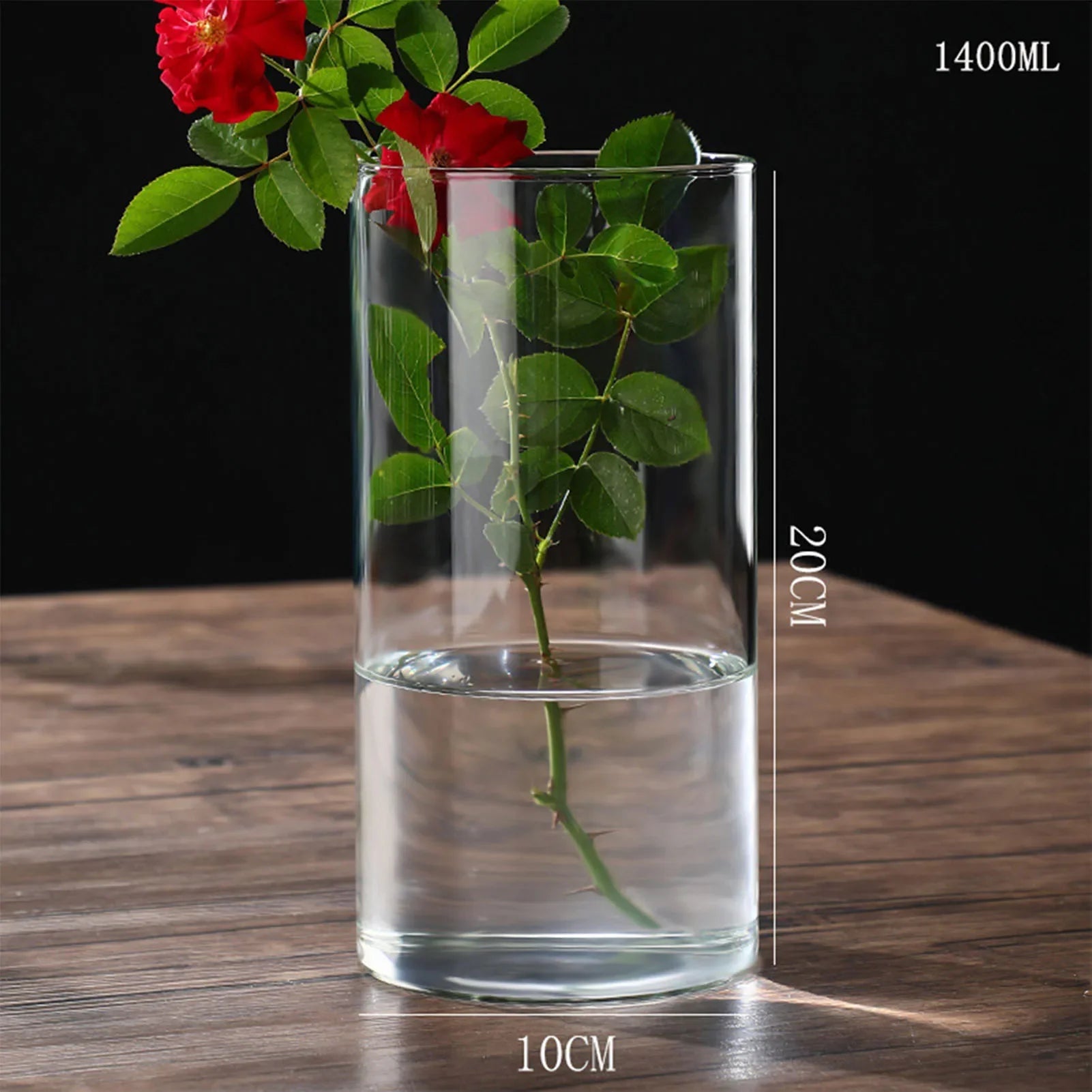 Clear cylindrical glass vase 20cm height 10cm diameter with red roses for desktop hydroponics plant decoration