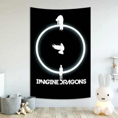Imagine dragons band poster tapestry in black featuring white silhouettes and glowing circular design for bedroom decor