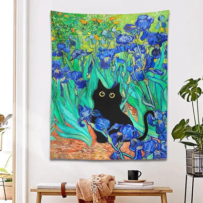 Vibrant decorbites irises cat tapestry featuring a black cat with yellow eyes among blue irises for bedroom wall art