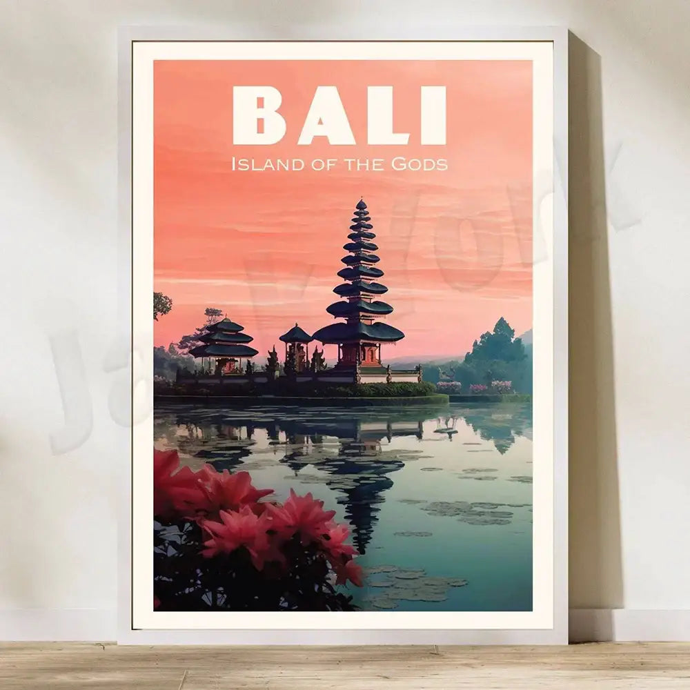 A framed canvas printing of bali pura ulun danu bratan temple at sunset with rice field illustration for living room art