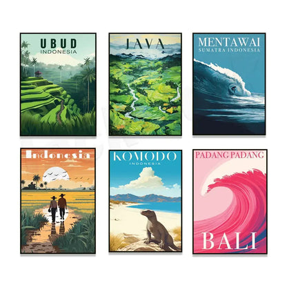 Set of six framed canvas printings featuring vibrant retro rice field illustration of balinese and java travel scenes
