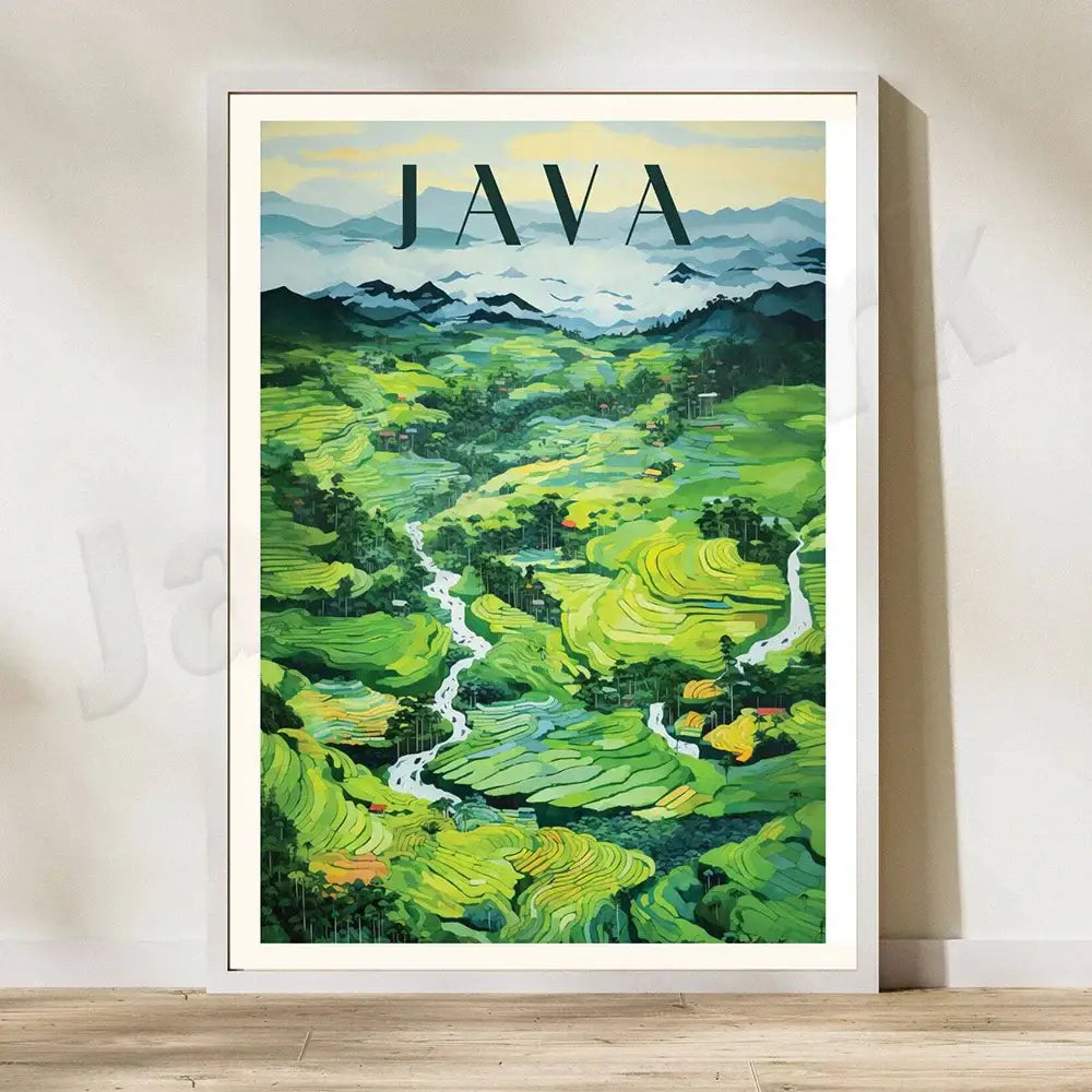A framed canvas printing featuring a vibrant green rice field illustration of java’s pererenan estuary for living room art