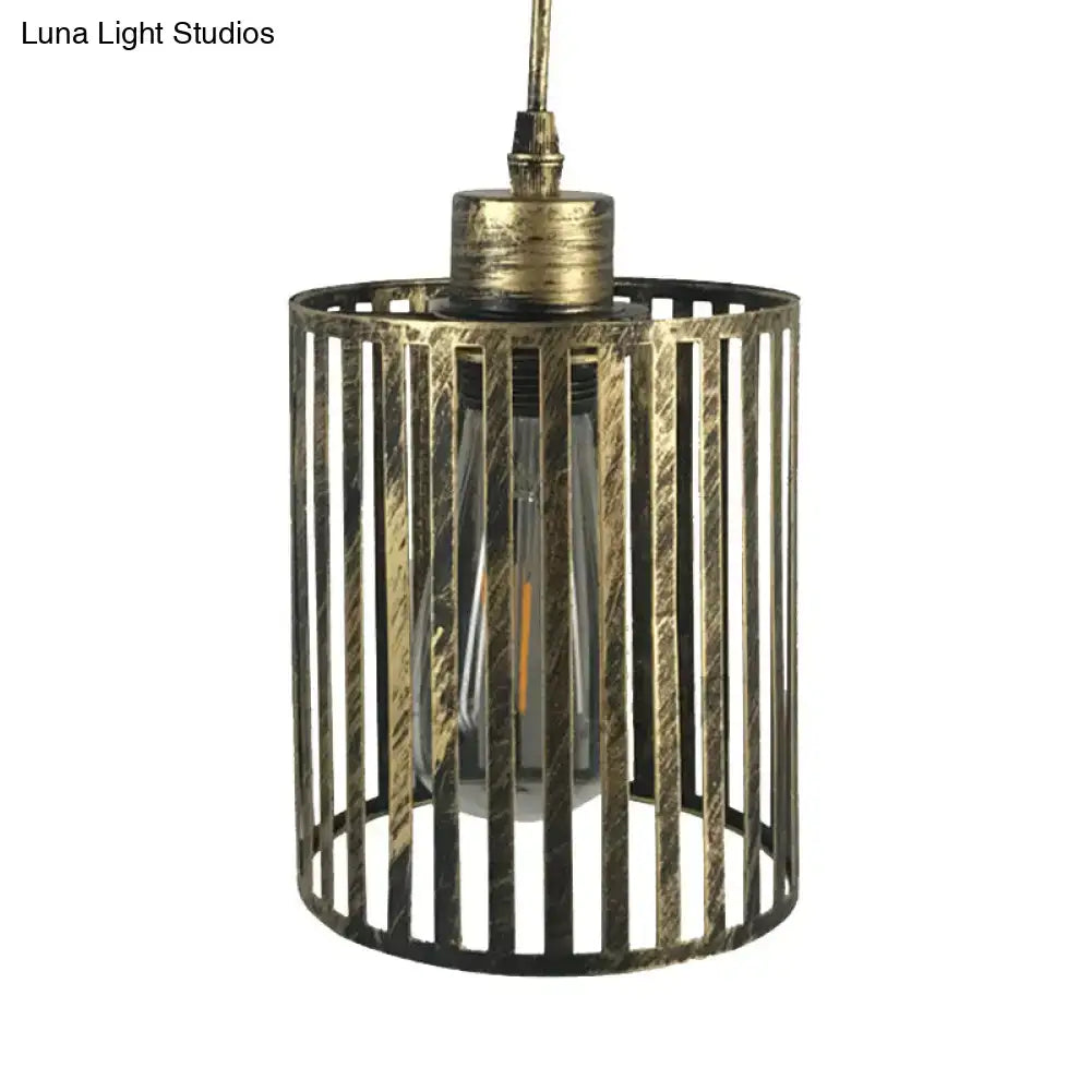 DecorBites vintage metal pendant ceiling light with aged brass cylinder shade and visible filament bulb