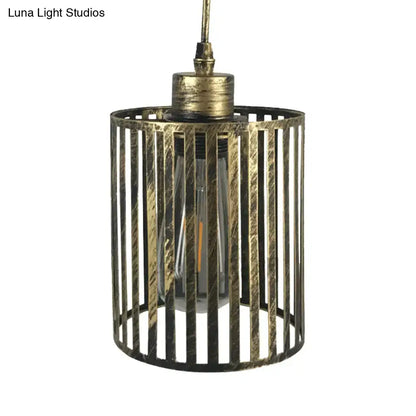 DecorBites vintage metal pendant lamp with aged brass cylinder shade and vertical slats pendant ceiling light