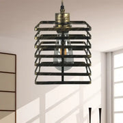 DecorBites™ vintage metal pendant ceiling light with dark distressed cage and aged brass cylinder shade housing edison bulb