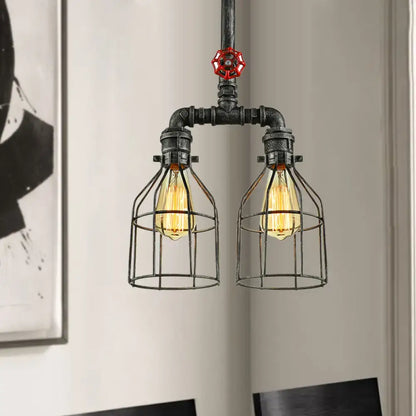 DecorBites hanging rustic wire guard pendant light with aged silver black metal pipes and exposed filament bulbs