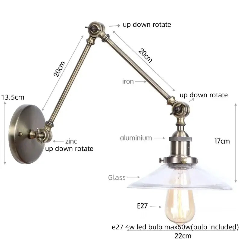Industrial antique brass adjustable wall sconce with zinc aluminum arm clear glass shade and e27 led bulb decorbites industrial adjustable