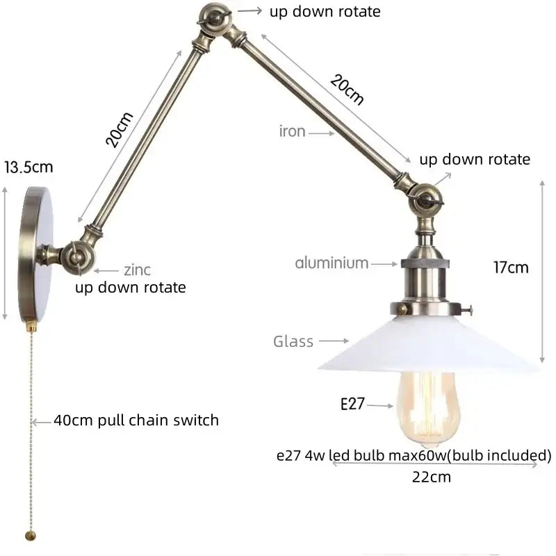Industrial antique brass wall sconce with zinc aluminum arm white glass shade and e27 led bulb decorbites industrial adjustable