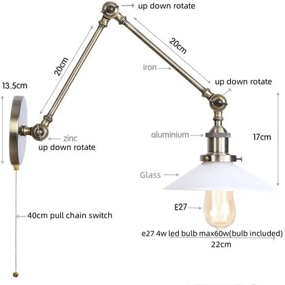 Industrial antique brass wall sconce with zinc aluminum arm white glass shade and e27 led bulb decorbites industrial adjustable